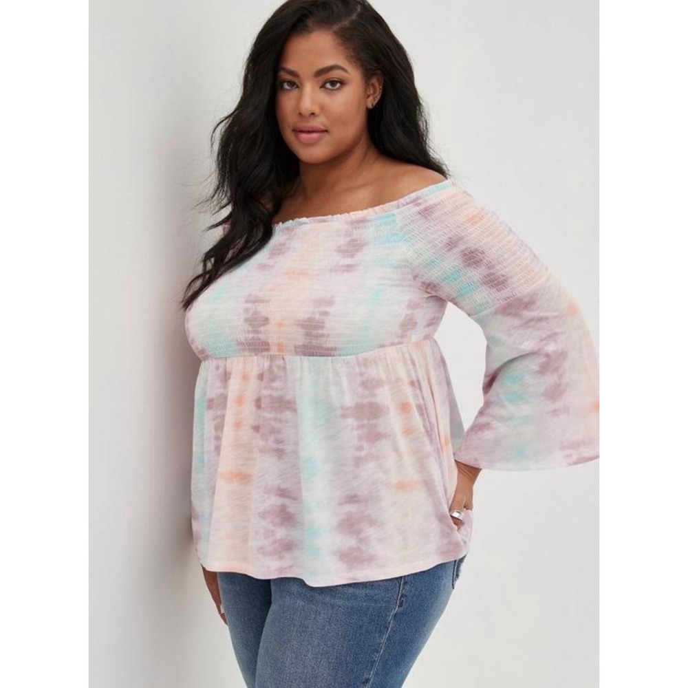 Torrid Babydoll Knit Smocked Off-Shoulder Bell Sleeve Top sz 1/1X